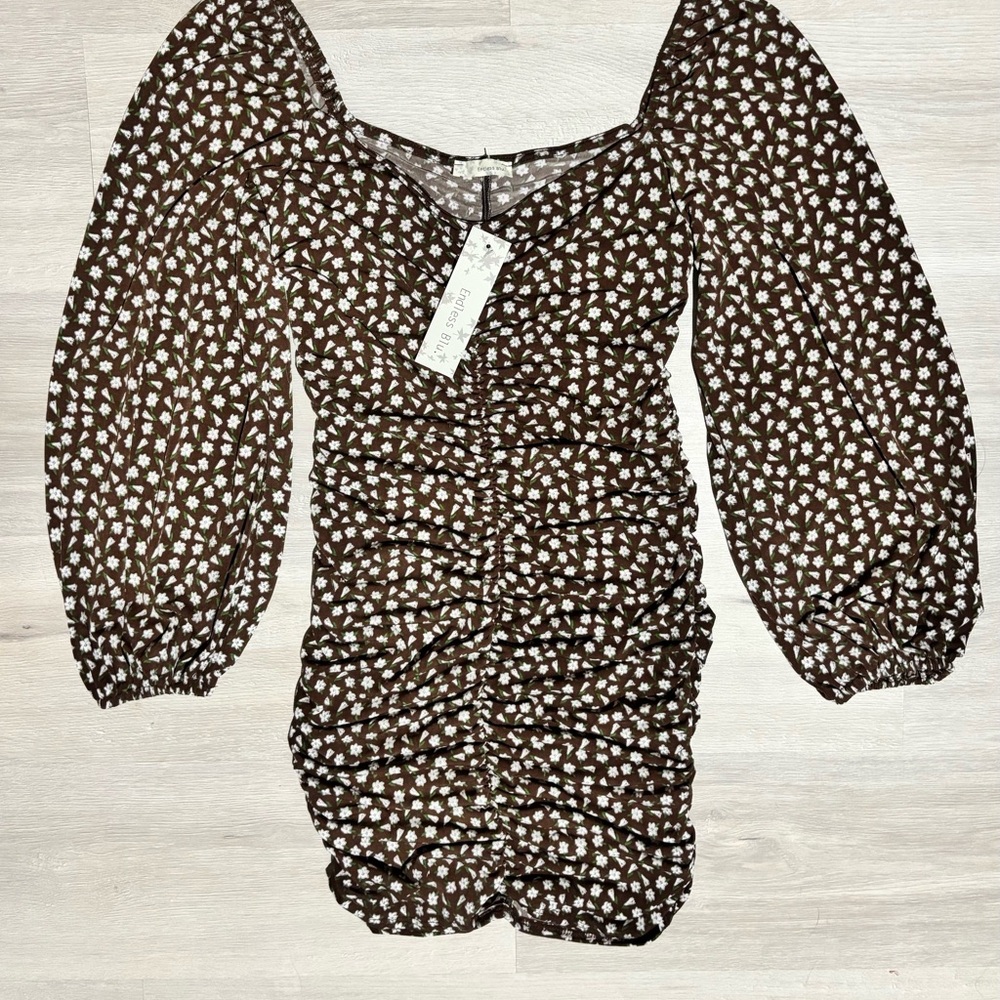 Elegant Brown Floral Ruched Dress